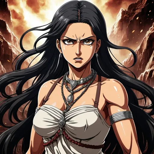 Prompt: Anime manga poster in Attack on Titan style featuring Draupadi with fierce expression, broken necklace, and dark tumultuous background.