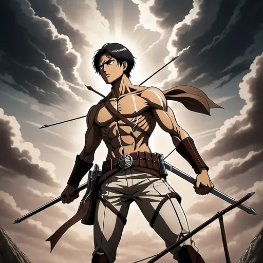 Prompt: Anime manga poster in the style of Attack on Titan, featuring Arjuna with a bow drawn, dramatic sky, deep shadows, and intense expression.