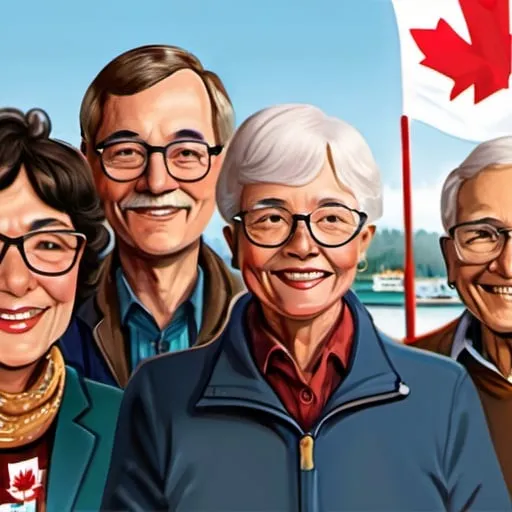 Prompt: create an illustration of a multi cultural, active and politicallly engaged group of seniors in their seventies,  and live in Canada.