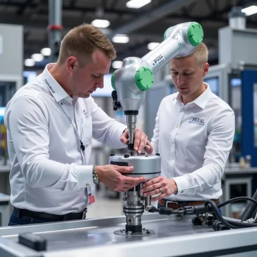 Prompt: An engineer learning how to use a cobot in an industrial setting. the trainer is wearing a white shirt and the robot has a two finger gripper on the end