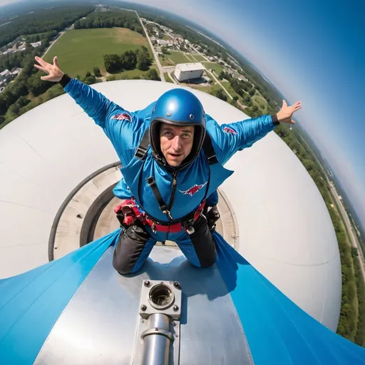 Prompt: a photograph of a man wearing a wingsuit. The man is standing on top of a water tower. The color of the wingsuit blends with the background. The camera is looking up at the man from a 45 degree angle. 


