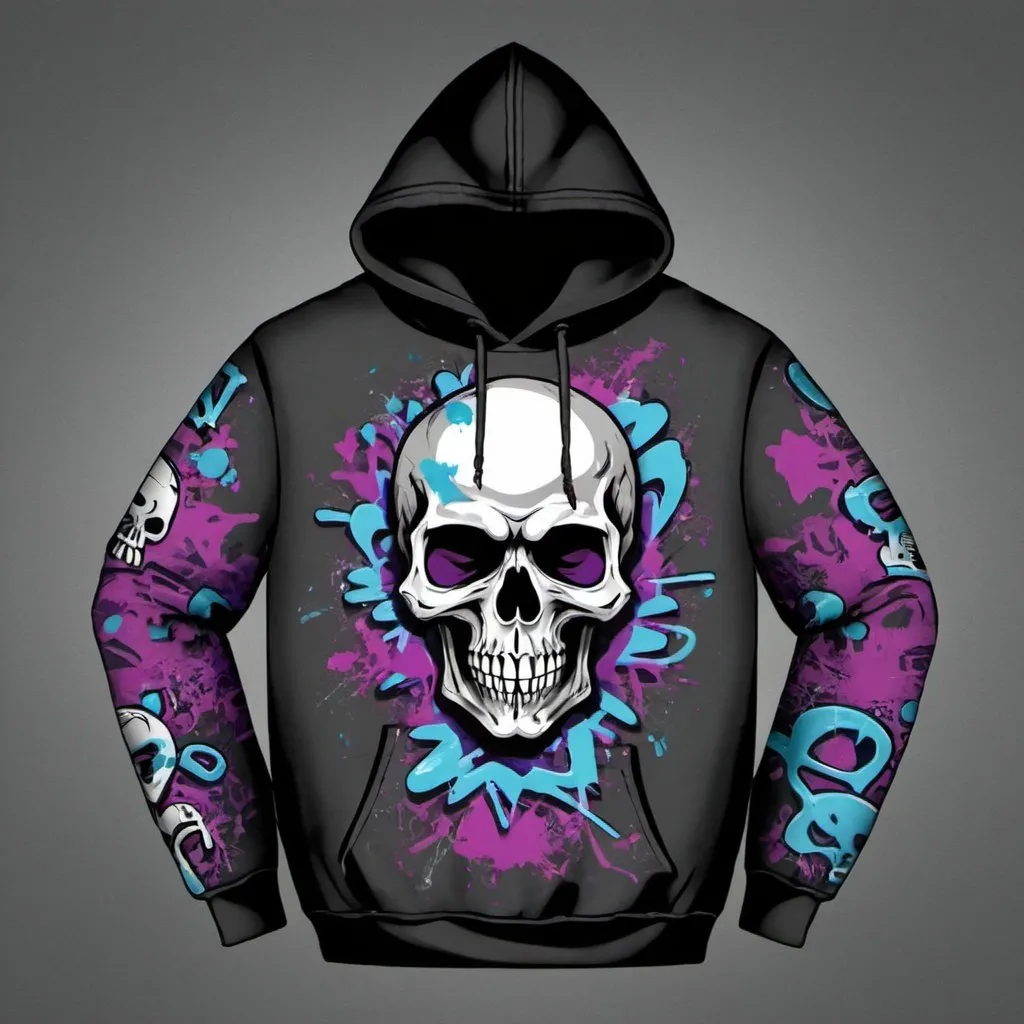 Prompt: I'm looking at a all over print design with a graffiti themed skull for a hoodie

