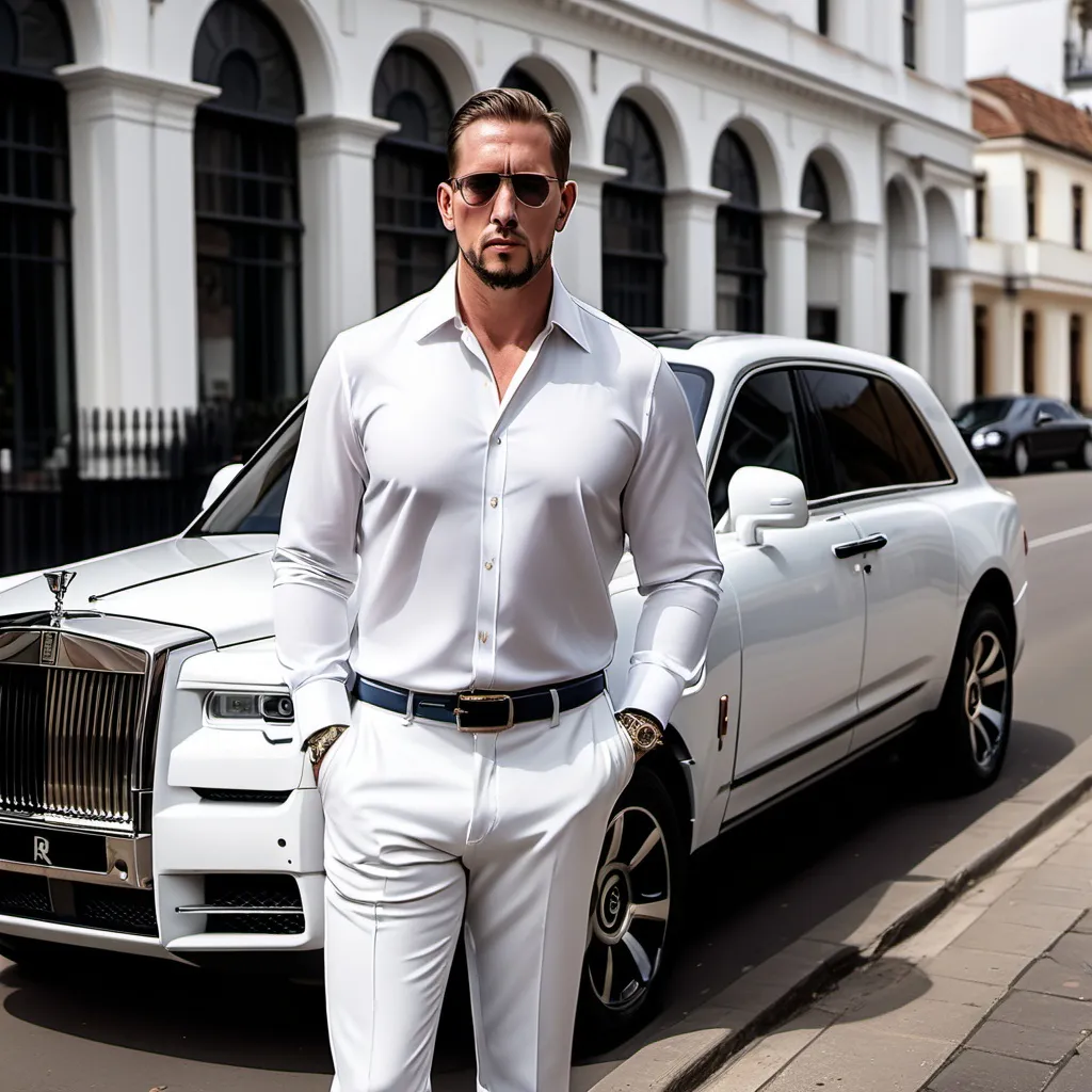 Prompt: Please generate an image of man wearing white cuban collar shirt without pockets, standing aside a rolls royce cullinan