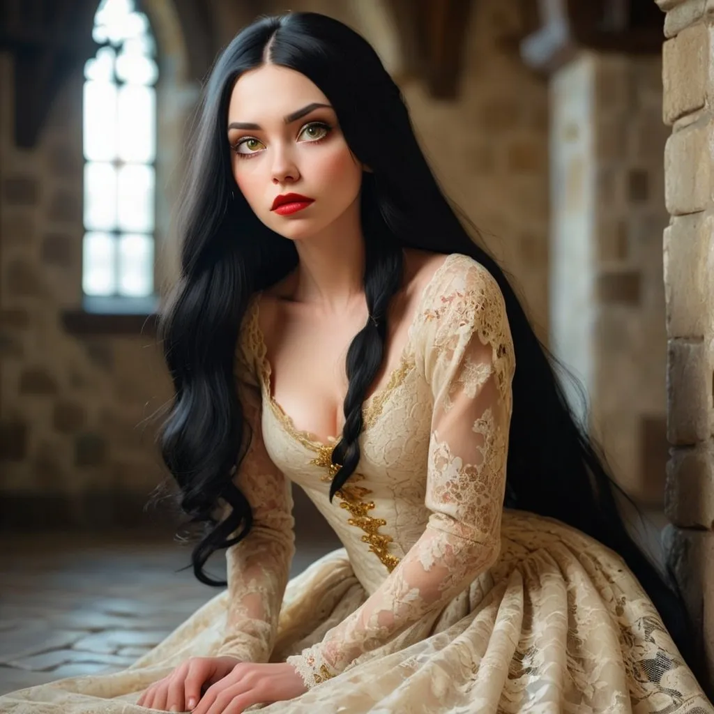 Prompt: Young Woman with long black hair to the floor. golden eyes with full lips. She is wearing a lace dress. Medieval. Attractive. Standing. In love. Pretty. Soft