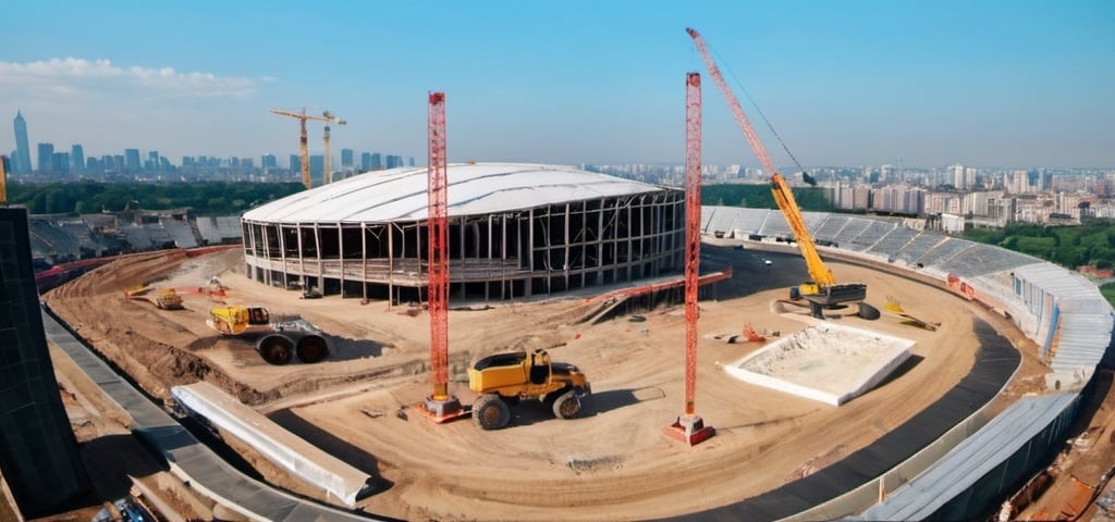 Prompt: Create an image of a professional sports arena under construction in a city, similar to the attached photo
