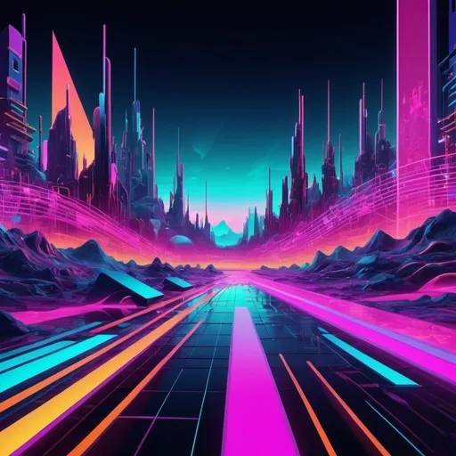 Prompt: Vibrant digital artwork of a surreal music landscape, abstract shapes and patterns, flowing neon lights, futuristic cityscape in the background, high-energy vibes, dynamic composition, high quality, digital art, vibrant colors, futuristic, abstract, neon lights, energetic, surreal, dynamic composition