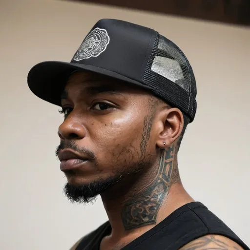 Prompt: A back african american man with a blank black trucker hat on facing front. tattoos on his face