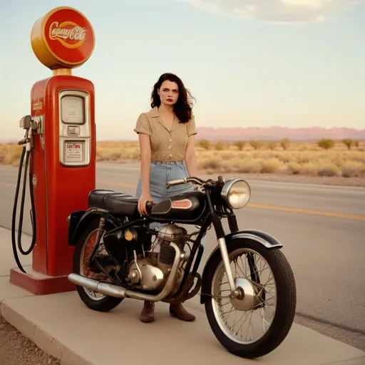 Prompt: Analog film photography still, Concept:

The scene takes place at a vintage-style gas station in a rural American landscape, perhaps in the Southwest or along a lonely highway.
A young woman, dressed in 1960s or 1970s fashion, is standing next to her classic motorcycle, creating a timeless, nostalgic atmosphere.
The lighting is soft and warm, perhaps during the golden hour of sunrise or sunset, casting a romantic glow over the scene.
The camera angle is positioned at the woman's eye level, allowing the viewer to connect directly with her gaze.
The composition makes use of natural textures and details - the weathered pavement, the worn leather of the motorcycle, the vintage clothing of the subject.
The color palette is muted and hazy, evoking the aesthetic of classic film photography.
Mood and Emotion:

The overall mood is one of wistful nostalgia, adventure, and the freedom of the open road. The image aims to capture a sense of youthful spirit, independence, and the romance of classic Americana.

The viewer is invited to imagine the woman's story - where she has been, where she is going, and the sense of possibility that lies ahead of her on the highway.