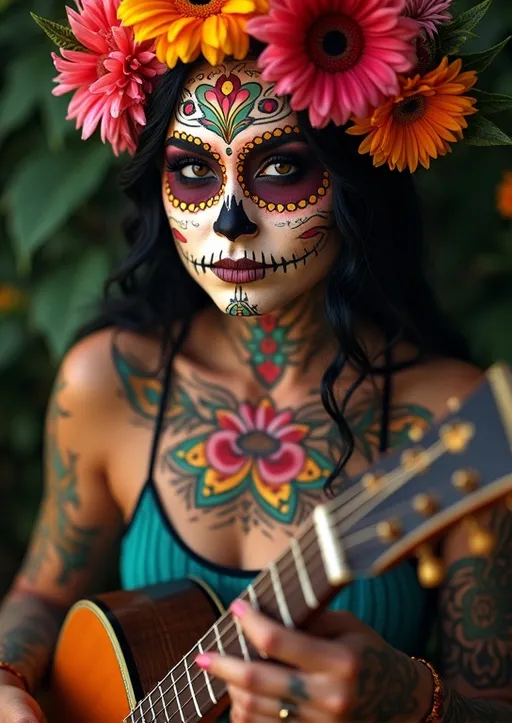 Prompt: A (woman with sugar skull makeup), holding the neck of a guitar, surrounded by vibrant flowers, adorned with intricate flower tattoos, striking facial features, (ultra-realistic), dazzling colors and details, beautifully composed, warm lighting, inviting atmosphere, (4K quality), high depth, capturing the essence of cultural symbolism, and artistic expression.