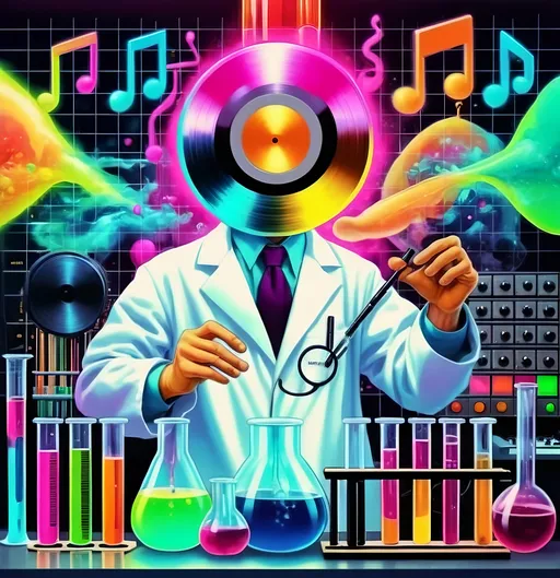 Prompt: a man in a lab coat with a record for a head in front of a set of test tubes and beakles, funk art, synthwave, an album cover. Include the Artist name "Jai The Poet" and album name "The Audio Lab"