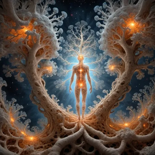 Prompt: The authentic self emerging from the mycelium towards a higher understanding of the universe among fractals and universal love
