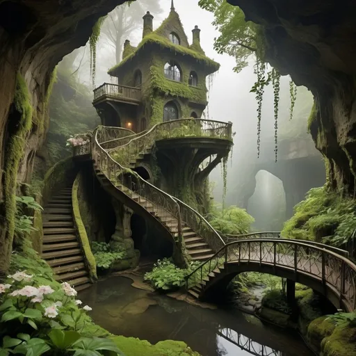 Prompt: underground waterworks with natural skylights, sunrays shining through heavy fog, treehouse with winding staircases and connecting bridges on cliff from cavern wall, bridge in foreground, overgrown with flowers and greenery, hanging moss and vines, tall gothic spire with stairs all around rising from the basin, bonsai trees grown throught