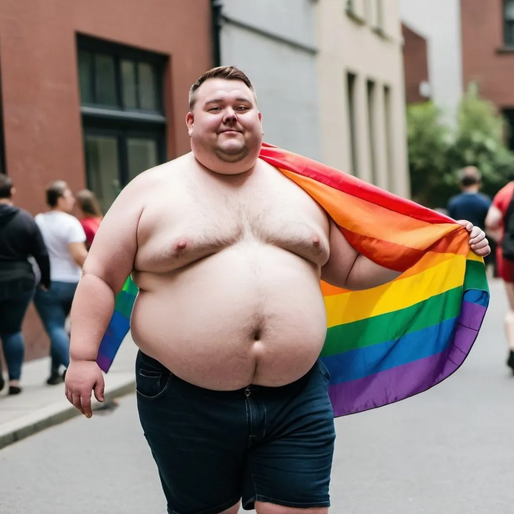 Prompt: fat gay person with a rainbow flag