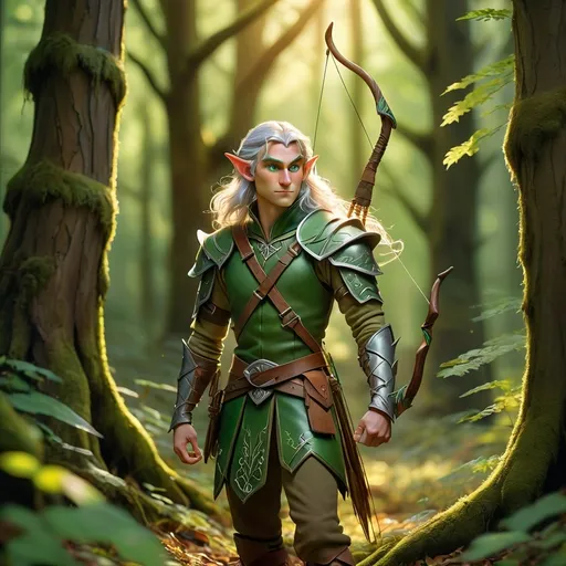 Prompt: Elf ranger in a mystical forest around sunlight