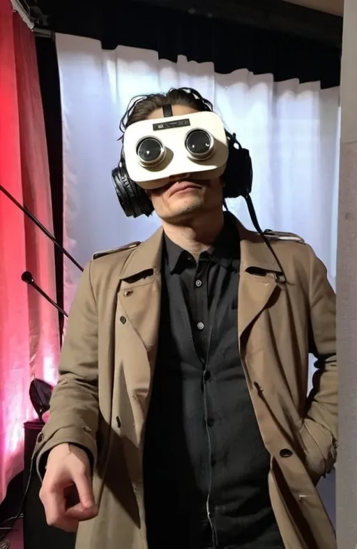 Prompt: Mr robot head om stage, playoing a les paul. he wears a vr headset, a trench coat and is dysytopioan