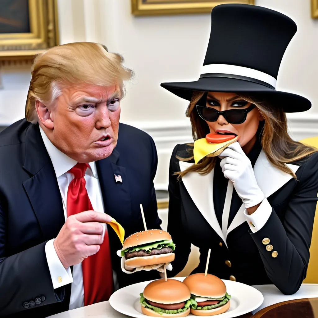 Prompt: Melania Trump as the Hamburglar , dressed in a black and white hat, eating a burger at the White House with Donald Trump