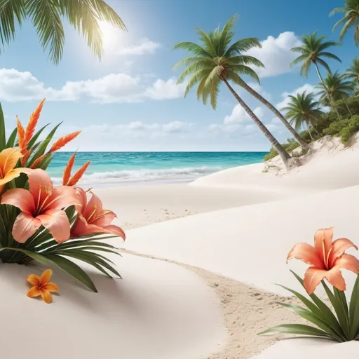 Prompt: create a beach scene with soft crashing waves, white sand, palm trees and tropical flowers