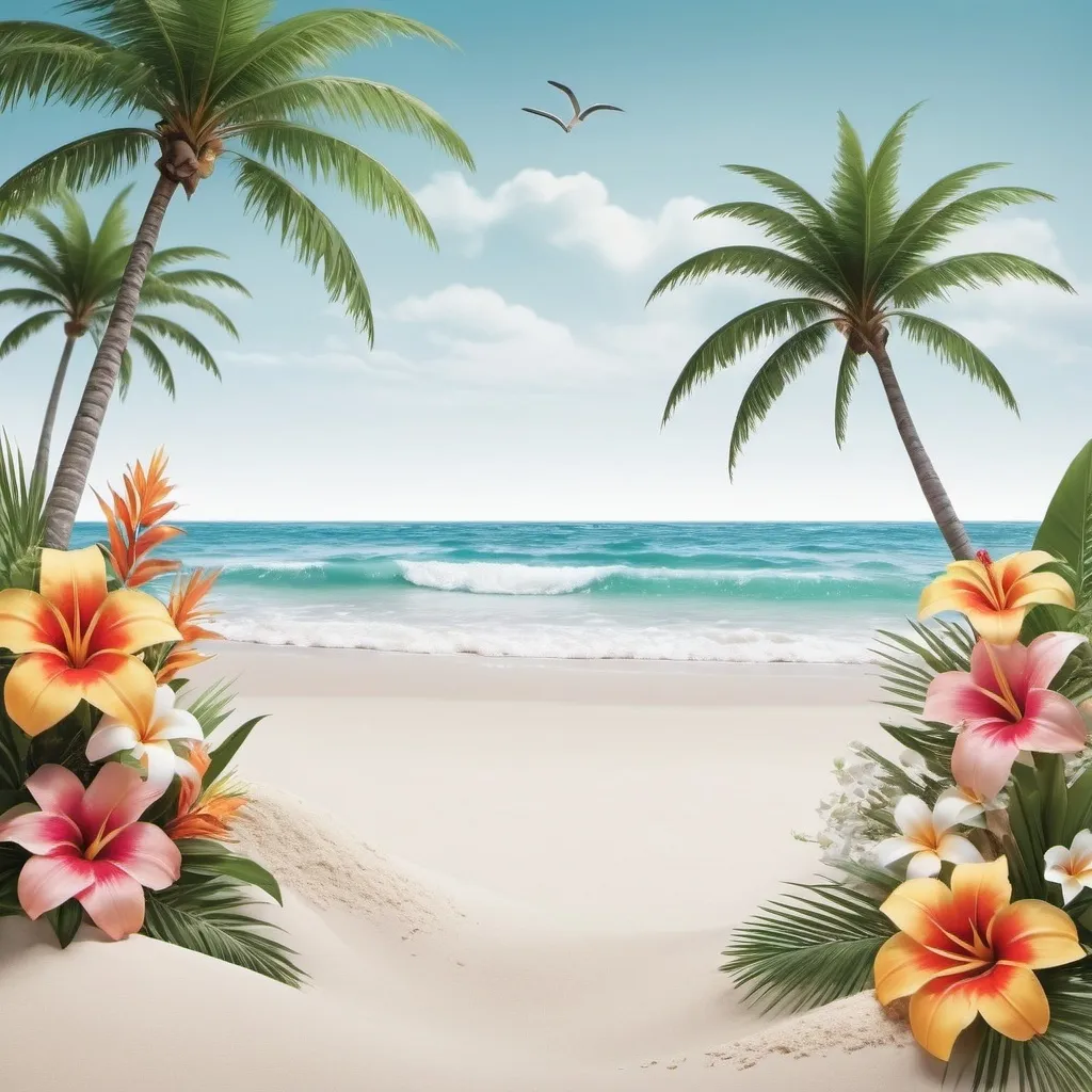 Prompt: create a beach scene with soft crashing waves, white sand, palm trees and tropical flowers