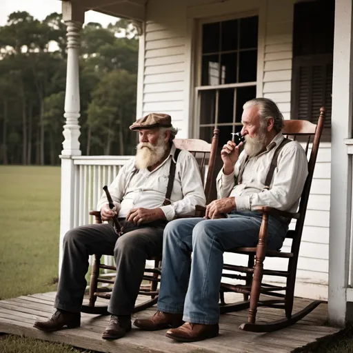 Prompt: Two Brothers are sitting on the front porch of an old plantation smoking pipes as the day comes to an end.  its outdoors as they gaze into the countryside. show them from behind as the sit in rocking chairs.