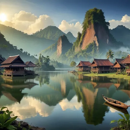 Prompt: The beautiful of Indonesian art culture and environtment, mountain, lake,