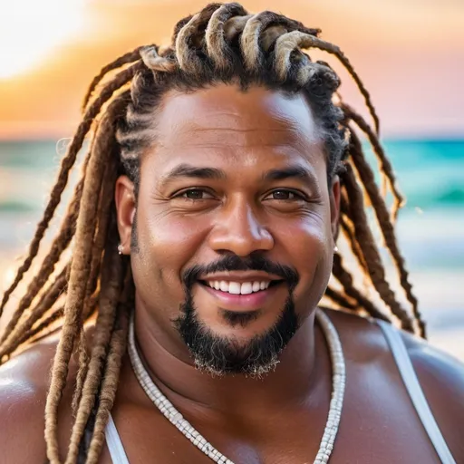 Prompt: shot of a fully unclothed very handsome, middle-aged Afro-Latino hairy chubby fat big buttocks man with longer sandy brown curled dreadlocks, light eyes, thick pink lips, "hyperreal detailed face", calm smile, on Caribbean beach, in the a tropical beach as the water washes over him, attractive pink lips, soaked, sunset at beach, detailed facial features, detailed locs, hyperreal, perfect composition, hyperrealistic, super detailed, 8k, high quality, sharp focus, studio photo, photography, natural light, intricate details, highly detailed, hyperrealistic, very long hair locs, soaked, fat buttocks showing