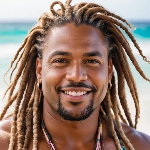 Prompt: portrait of a very handsome, middle-aged Afro-Latino hunky hairy chubby man with longer sandy brown curled dreadlocks, light eyes, thick pink lips, "hyperreal detailed face", calm smile, on Caribbean beach, in the a tropical beach as the water washes over him, attractive pink lips, soaked, sunset at beach, detailed facial features, detailed locs, hyperreal, perfect composition, hyperrealistic, super detailed, 8k, high quality, sharp focus, studio photo, photography, natural light, intricate details, highly detailed, hyperrealistic, very long hair locs, soaked