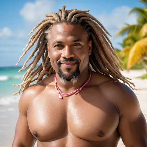 Prompt: whole body shot, big d, portrait of a fully unclothed very handsome, middle-aged Afro-Latino hunky hairy chubby man with longer sandy brown curled dreadlocks, light eyes, thick pink lips, "hyperreal detailed face", calm smile, on Caribbean beach, in the a tropical beach as the water washes over him, attractive pink lips, soaked, sunset at beach, detailed facial features, detailed locs, hyperreal, perfect composition, hyperrealistic, super detailed, 8k, high quality, sharp focus, studio photo, photography, natural light, intricate details, highly detailed, hyperrealistic, very long hair locs, soaked