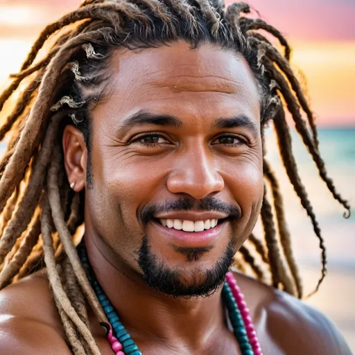 Prompt: shot of a fully unclothed very handsome, middle-aged Afro-Latino hunky hairy chubby man with longer sandy brown curled dreadlocks, light eyes, thick pink lips, "hyperreal detailed face", calm smile, on Caribbean beach, in the a tropical beach as the water washes over him, attractive pink lips, soaked, sunset at beach, detailed facial features, detailed locs, hyperreal, perfect composition, hyperrealistic, super detailed, 8k, high quality, sharp focus, studio photo, photography, natural light, intricate details, highly detailed, hyperrealistic, very long hair locs, soaked, full body showing