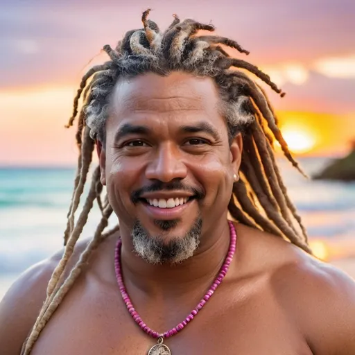 Prompt: shot of a fully unclothed very handsome, middle-aged Afro-Latino hairy chubby man with longer sandy brown curled dreadlocks, light eyes, thick pink lips, "hyperreal detailed face", calm smile, on Caribbean beach, in the a tropical beach as the water washes over him, attractive pink lips, soaked, sunset at beach, detailed facial features, detailed locs, hyperreal, perfect composition, hyperrealistic, super detailed, 8k, high quality, sharp focus, studio photo, photography, natural light, intricate details, highly detailed, hyperrealistic, very long hair locs, soaked, fat buttocks showing