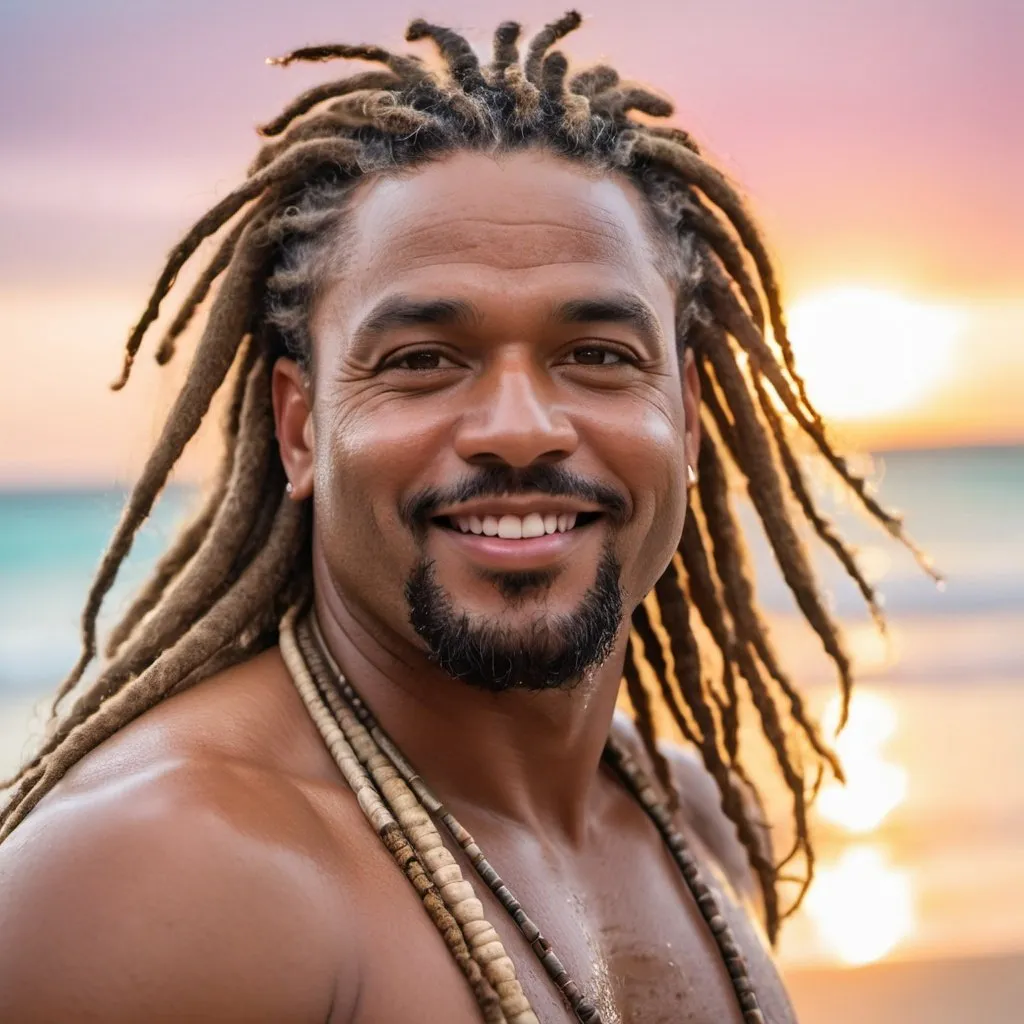 Prompt: whole body shot, portrait of a fully unclothed very handsome, middle-aged Afro-Latino hunky hairy chubby man with longer sandy brown curled dreadlocks, light eyes, thick pink lips, "hyperreal detailed face", calm smile, on Caribbean beach, in the a tropical beach as the water washes over him, attractive pink lips, soaked, sunset at beach, detailed facial features, detailed locs, hyperreal, perfect composition, hyperrealistic, super detailed, 8k, high quality, sharp focus, studio photo, photography, natural light, intricate details, highly detailed, hyperrealistic, very long hair locs, soaked