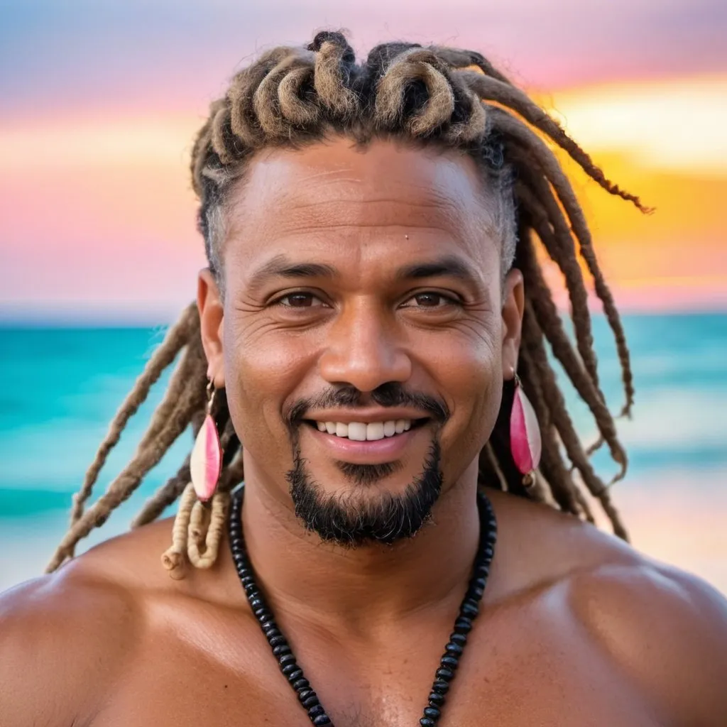 Prompt: full body shot portrait of a unclothed very handsome, middle-aged Afro-Latino hunky hairy chubby man with longer sandy brown curled dreadlocks, light eyes, thick pink lips, "hyperreal detailed face", calm smile, on Caribbean beach, in the a tropical beach as the water washes over him, attractive pink lips, soaked, sunset at beach, detailed facial features, detailed locs, hyperreal, perfect composition, hyperrealistic, super detailed, 8k, high quality, sharp focus, studio photo, photography, natural light, intricate details, highly detailed, hyperrealistic, very long hair locs, soaked