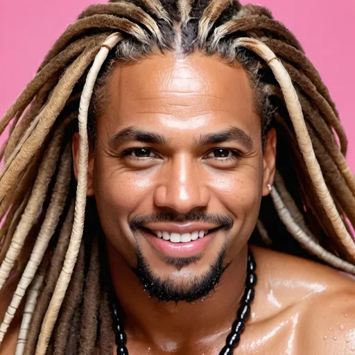 Prompt: a HOT middle-aged Afro-Latino hairy fat man with longer sandy brown curled dreadlocks, light eyes, thick pink lips, "hyperreal detailed face", calm smile, in a hot shower, in the shower as the water washes over him, attractive pink lips, soaked, detailed facial features, detailed locs, hyperreal, perfect composition, hyperrealistic, super detailed, 8k, high quality, sharp focus, studio photo, photography, natural light, intricate details, highly detailed, hyperrealistic, very long hair locs, soaked, 