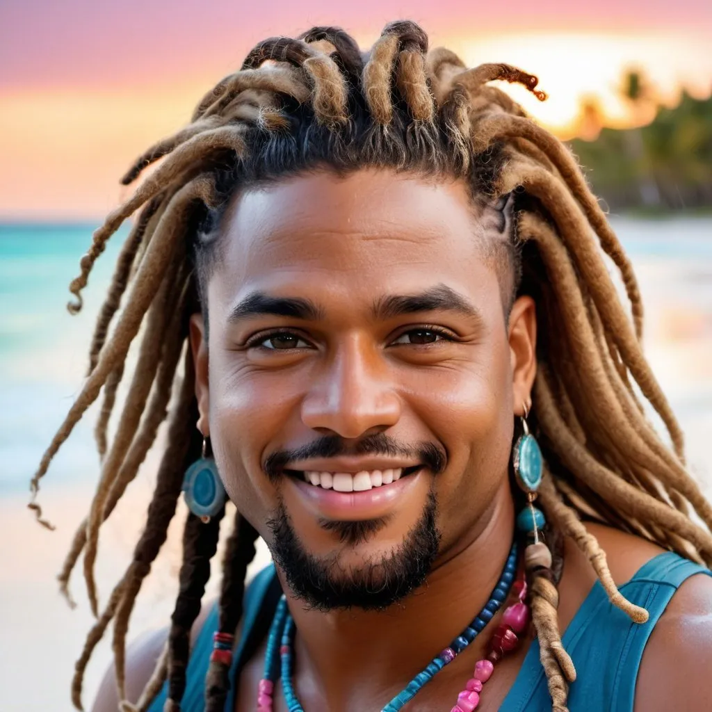 Prompt: portrait of a very handsome, Afro-Latino hunky hairy chubby man with longer sandy brown curled dreadlocks, light eyes, thick pink lips, "hyperreal detailed face", calm smile, on Caribbean beach, in the a tropical beach as the water washes over him, attractive pink lips, soaked, sunset at beach, detailed facial features, detailed locs, hyperreal, perfect composition, hyperrealistic, super detailed, 8k, high quality, sharp focus, studio photo, photography, natural light, intricate details, highly detailed, hyperrealistic, very long hair locs, soaked