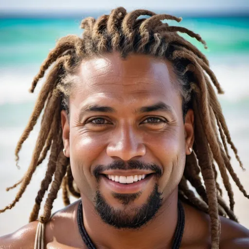 Prompt: portrait of a very handsome, middle-aged Afro-Latino hunky hairy chubby man with longer sandy brown curled dreadlocks, light eyes, thick pink lips, "hyperreal detailed face", calm smile, on Caribbean beach, in the a tropical beach as the water washes over him, attractive pink lips, soaked, sunset at beach, detailed facial features, detailed locs, hyperreal, perfect composition, hyperrealistic, super detailed, 8k, high quality, sharp focus, studio photo, photography, natural light, intricate details, highly detailed, hyperrealistic, very long hair locs, soaked