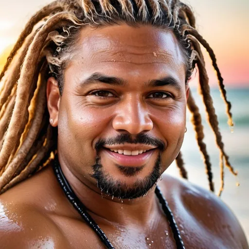 Prompt: portrait of a fully stripped very handsome, middle-aged Afro-Latino hairy chubby fat big buttocks man with longer sandy brown curled dreadlocks, light eyes, thick pink lips, "hyperreal detailed face", calm smile, in a hot shower, in the shower as the water washes over him, attractive pink lips, soaked, sunset at beach, detailed facial features, detailed locs, hyperreal, perfect composition, hyperrealistic, super detailed, 8k, high quality, sharp focus, studio photo, photography, natural light, intricate details, highly detailed, hyperrealistic, very long hair locs, soaked, 