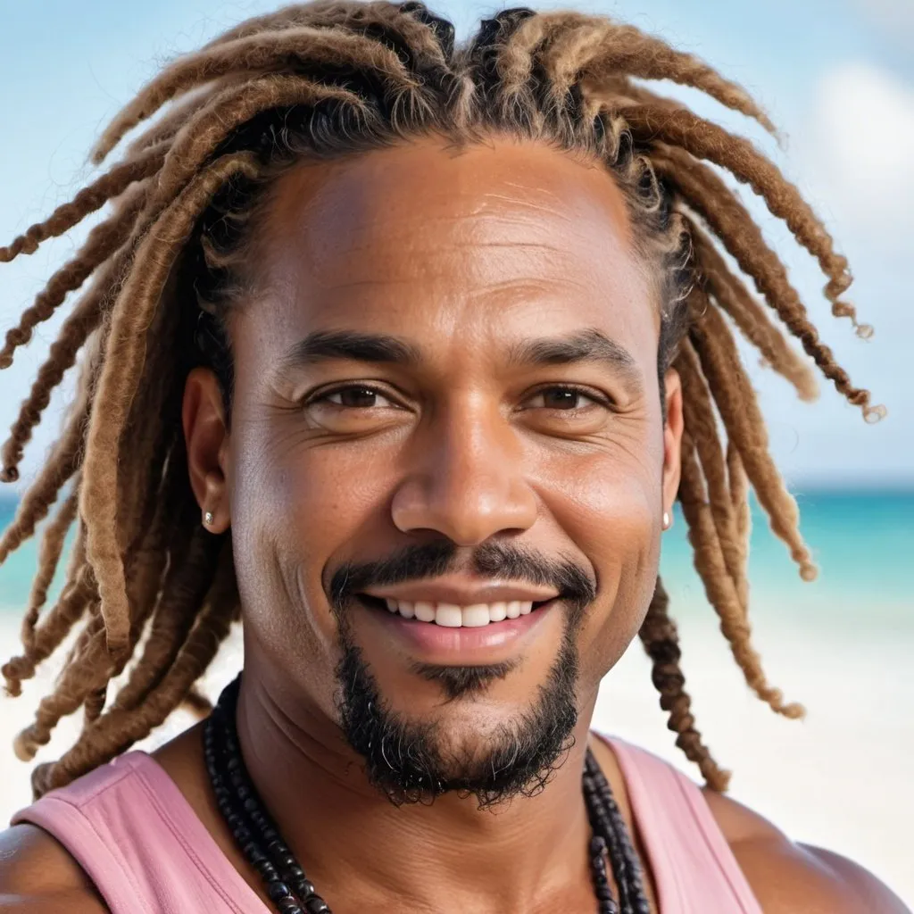 Prompt: portrait of a very handsome, middle-aged Afro-Latino hunky hairy chubby man with longer sandy brown curled dreadlocks, light eyes, thick pink lips, "hyperreal detailed face", calm smile, on Caribbean beach, in the a tropical beach as the water washes over him, attractive pink lips, soaked, sunset at beach, detailed facial features, detailed locs, hyperreal, perfect composition, hyperrealistic, super detailed, 8k, high quality, sharp focus, studio photo, photography, natural light, intricate details, highly detailed, hyperrealistic, very long hair locs, soaked