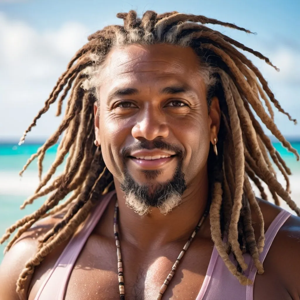 Prompt: full body shot portrait of a unclothed very handsome, middle-aged Afro-Latino hunky hairy chubby man with longer sandy brown curled dreadlocks, light eyes, thick pink lips, "hyperreal detailed face", calm smile, on Caribbean beach, in the a tropical beach as the water washes over him, attractive pink lips, soaked, sunset at beach, detailed facial features, detailed locs, hyperreal, perfect composition, hyperrealistic, super detailed, 8k, high quality, sharp focus, studio photo, photography, natural light, intricate details, highly detailed, hyperrealistic, very long hair locs, soaked