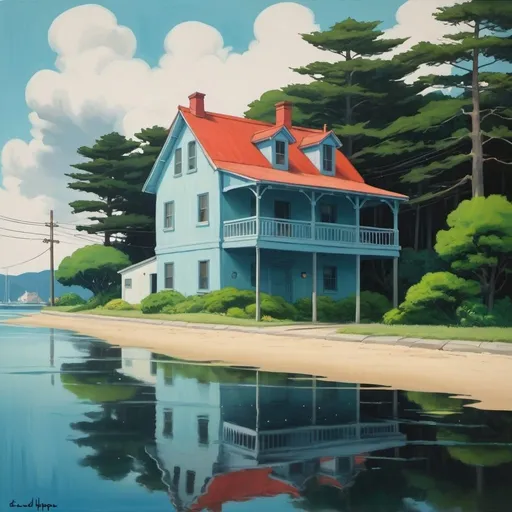 Prompt: studio ghibli ponyo inspired painting created by Edward hopper pollution water architecture 