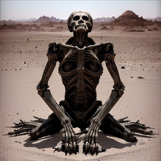 Prompt: A final evolution of humanity, the last human in the desert, year 2358. A landscape of crushed bones. Intensely omtional with forlorn regret at humanity wasted, the worlds no longer alive, earth abandoned. In the style of H R Giger