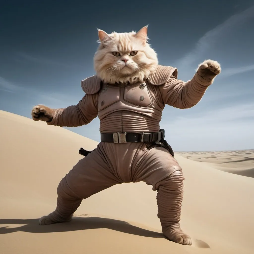Prompt: A fit fluffy cat-like harkonnen in a fluffy texture stillsuit with defined abs in a chrys-knife fighting pose is flying above the dune landscape. Dramatic volumetric lighting with a hard overhead spotlight accentuates the corpselike pale skin of the decrepit man. 