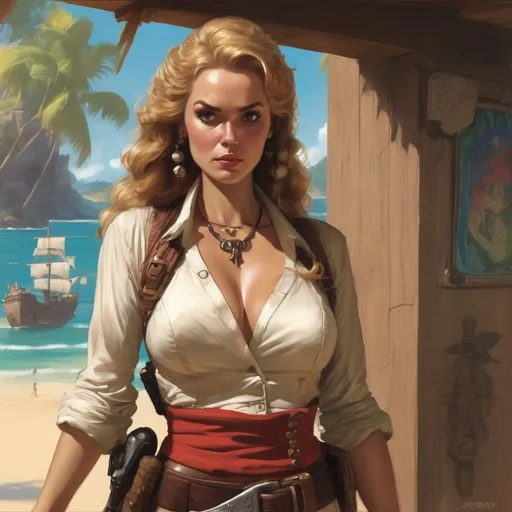 Prompt: by Andrew Loomis, Elizabeth Swann, Buxom, Sheer,tiki, square enix, disney concept artists, by Tim Biskup, skottie young, detailed scenery —width 672, a detailed painting, a magazine cover for action for men. 