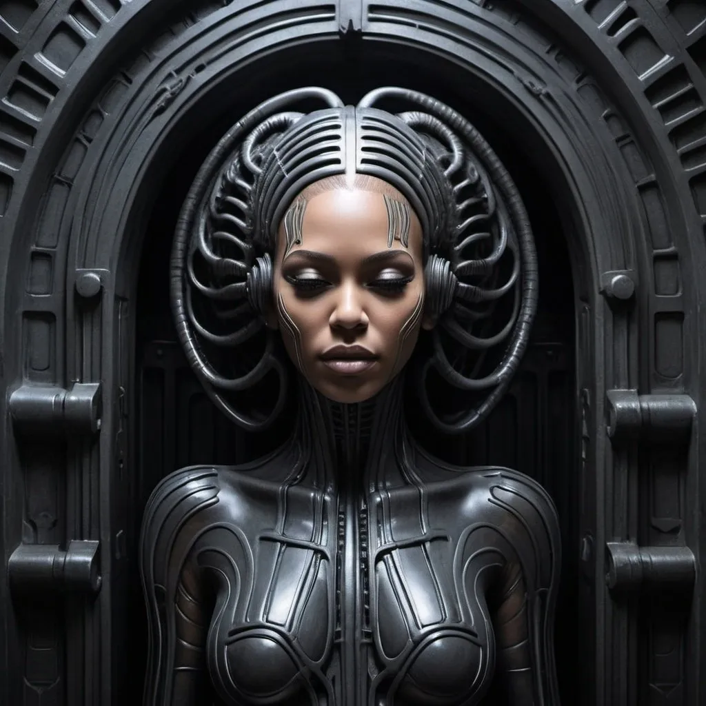 Prompt: Hr Giger Beyonce, with closed eyes. Blends in with the background.  Set in a Beautiful open portal to an escher stairwell. Industrial dark neon gothic. In the style of HR Giger