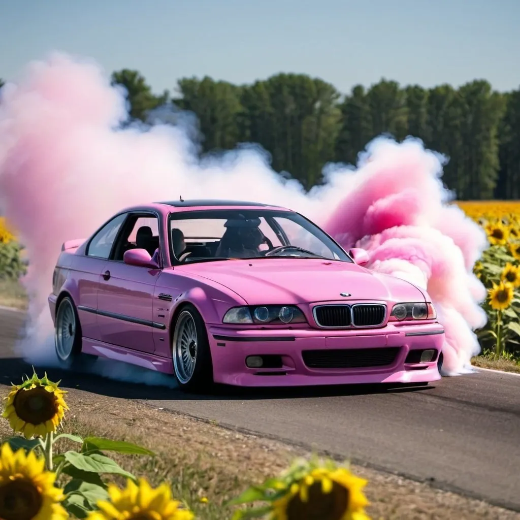 Prompt: Pink 1996 E36 M3 performing a burnout. The scene is a full field of sunflowers. 