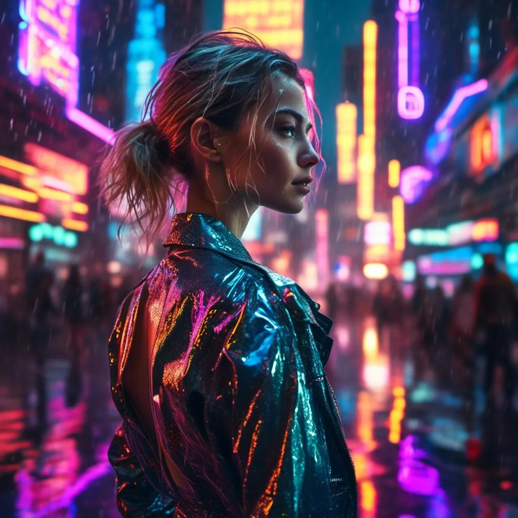 Prompt: Design a photo-realistic <mymodel>, full body side profile of a dancing chesty slim-waisted brunette women with a contemplative smile with sleek low cut blonde wet business suit. She has cybernetic implants with cyberpunk neon aesthetics accenting her feminine features. Illuminate her face with neon lights, the setting is a rain-soaked cityscape, capturing the intersection of advanced technology and gritty urban life.