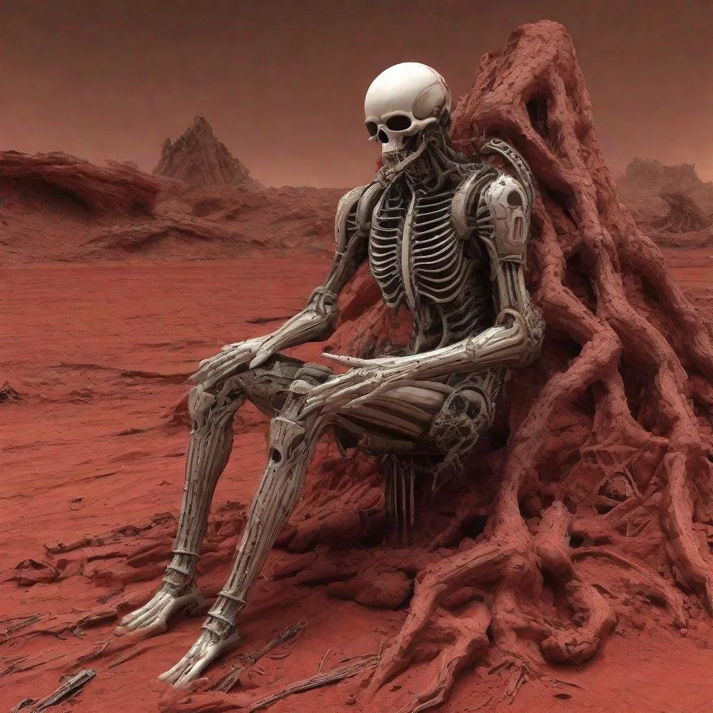 Prompt: H R Giger warmonger exoskeleton half human hybrid. A landscape of crushed bones on a red Mars. The red tinge of forlorn regret at humanity wasted, the worlds no longer alive, earth abandoned