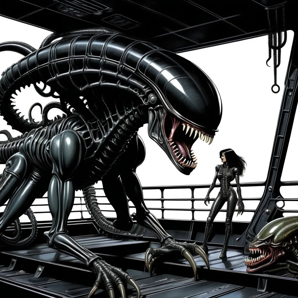 Prompt: detailed, dark colors, dramatic, graphic novel illustration,  2d shaded retro comic book. a menacing dark xenomorph in the style of H. R. Giger Aliens. Set on the deck of a gritty industrial deck of a black cargo hauler space ship. side view, italian female features. The bright white volumetric from far away sets a horror scene