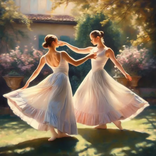 Prompt: Graceful ballet dancers in a beautiful garden, rear end to rear end, buxom, 2girl, hair in 2 loose buns, oil painting, flowing skirt and elegant poses, high resolution, classical art style, soft pastel tones, natural sunlight casting gentle shadows, detailed facial features, elegant and refined, serene atmosphere, classical, graceful movements, ethereal beauty