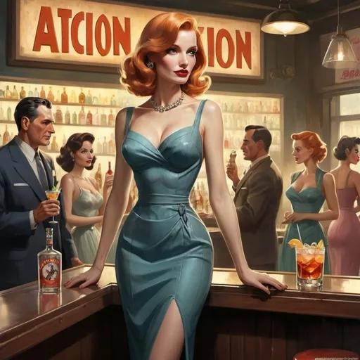 Prompt: Dystopian, poster, 50s, concept art, about sheer cocktail dress women , reminiscent of a bar, and USA cold war propaganda. by Andrew Loomis, Jessica Chastain, tiki, square enix, disney concept artists, by Tim Biskup, skottie young, detailed scenery —width 672, a detailed painting, a magazine cover for action for men
