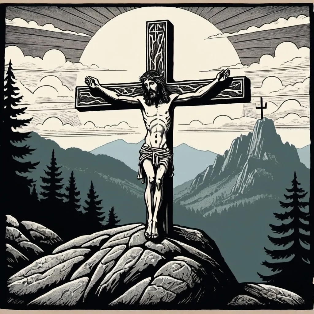 Prompt: A linocut of a loud and proud gay 20 something hippie is on a jesus cross on a rock in the wilderness with mountains and trees in the background, neo-primitivism, detailed illustration, a woodcut

