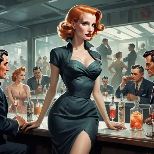Prompt: Dystopian, poster, 50s, concept art, about sheer cocktail dress women in industry, and USA cold war propaganda. by Andrew Loomis, Jessica Chastain, tiki, square enix, disney concept artists, by Tim Biskup, skottie young, detailed scenery —width 672, a detailed painting, a magazine cover for action for men
